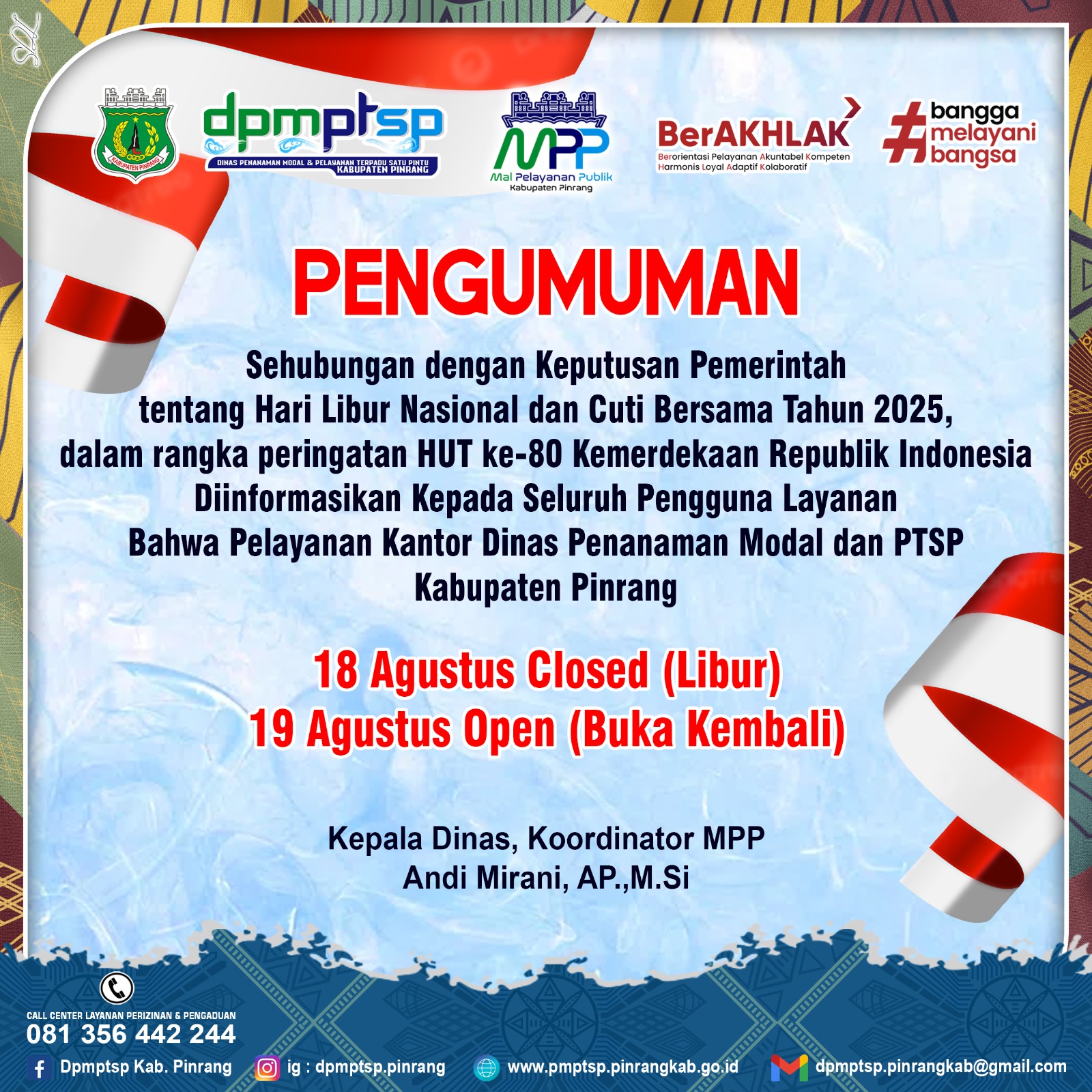foto Pengumuman: Layanan Ditutup Pada Tanggal 18 Agustus 2025 Dalam Rangka Cuti Bersama