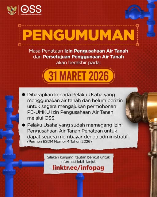 foto Masa Penataan Izin Air Tanah Berakhir 31 Maret 2026, Pelaku Usaha Diminta Segera Urus Perizinan